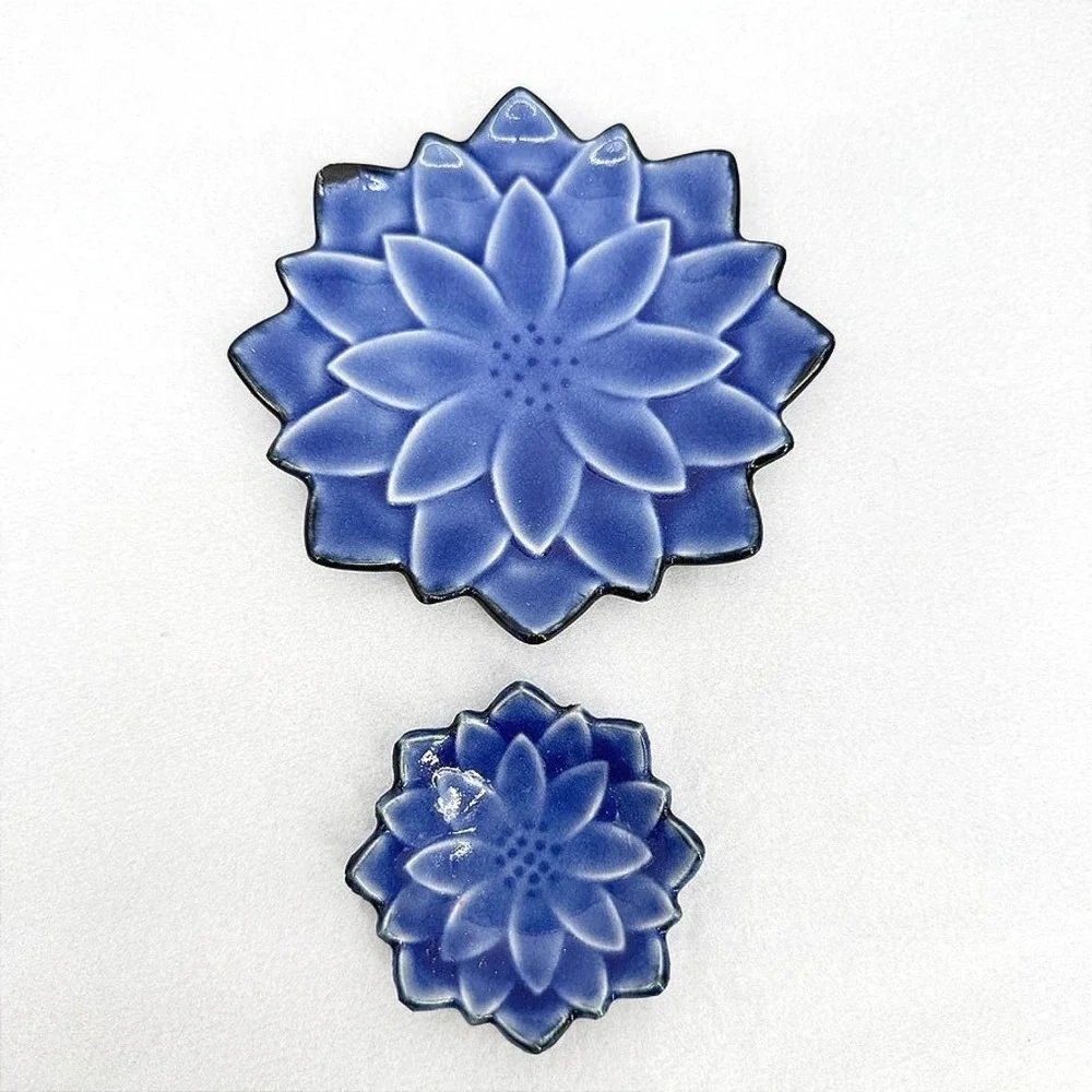 Pier 1 Ceramic Lotus Flower Trinket Dish Set Cobalt Blue Floral Decor 2 Pc Small